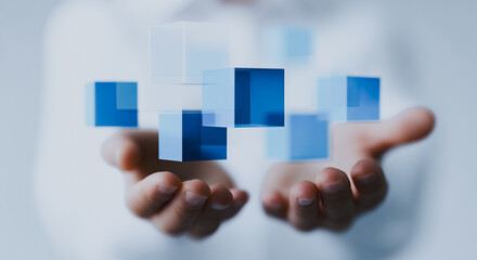 Digital data structure, blockchain network, or big data visualization held in human hands, representing technology, connection, and futuristic innovation.