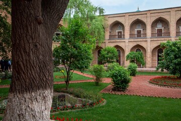 Kukeldash Madrasah, Tashkent, Uzbekistan. Inner courtyard. A famous historical and architectural monument and landmark.