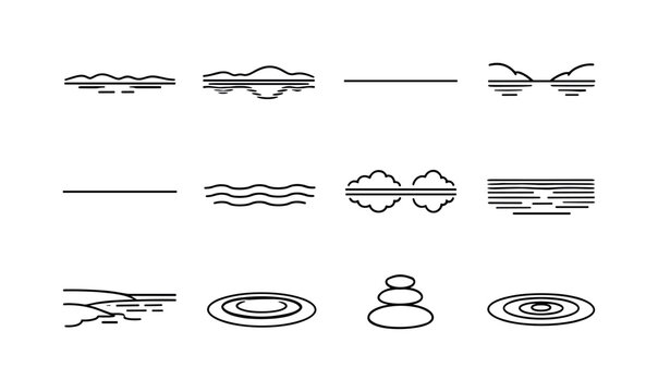 Still Water Icons. Still Water. Line icon set of Still Water: calm lake surface, water reflection, smooth water line, ripple free pond, horizon waterline,