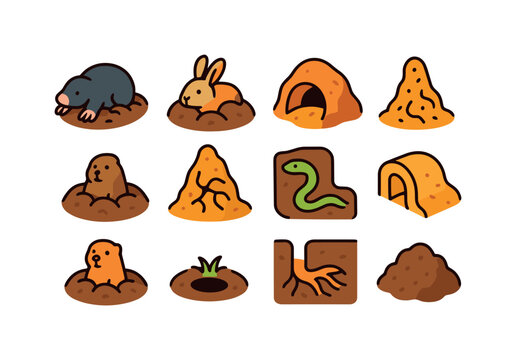 Burrowing Life Icons. Burrowing life. Colorful isometric vector icons set of burrowing life: mole, rabbit burrow, fox den, insect tunnel, groundhog hole,