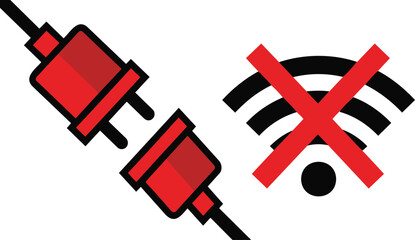 Obraz premium No Connection: Flat vector icon of disconnected plug symbol in red and black on white background.