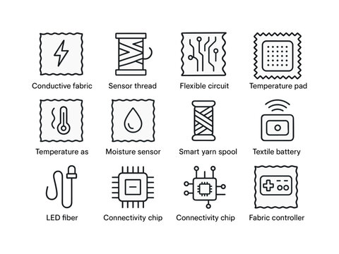Smart Textile Icons. Smart textiles. Line icon set of smart textiles: conductive fabric, sensor thread, flexible circuit, temperature patch, moisture sensor,