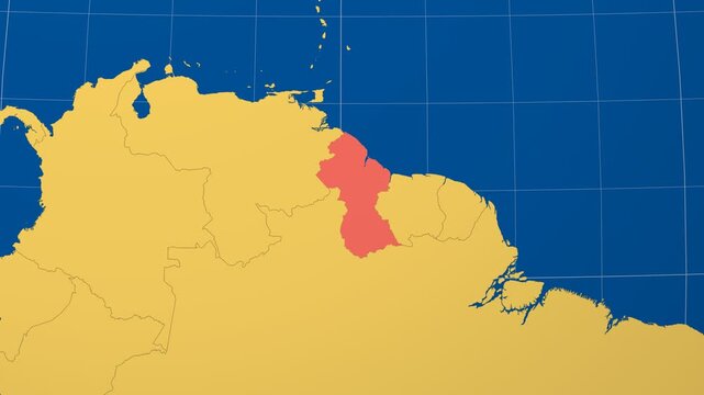 Guyana on Globe. Animated zoom into the country in Ocean Blue Golden Yellow color palette. Guyana logo animation. Map with meridians, parallels. Elegant video.