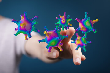 Conceptual image of hand interacting with abstract viruses, symbolizing disease, science, and healthcare. Perf