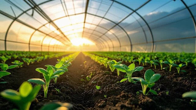 温室に差し込む朝日が整列した作物を照らす生命力あふれる農業風景