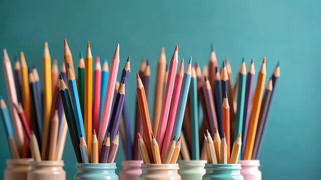 色とりどりの鉛筆立てが並ぶ机上が創作意欲を刺激する静物構図