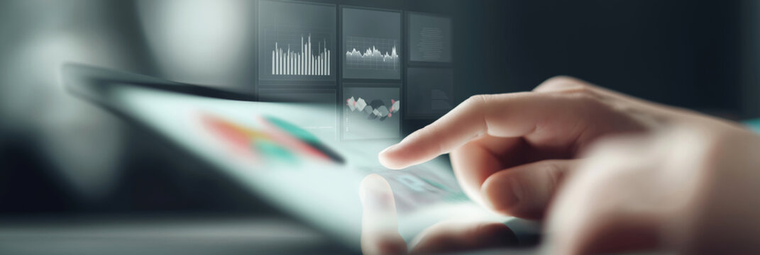 Hand touching tablet with colorful business data and holographic charts above, representing data analysis, technology, finance, and futuristic interface - Powered by Adobe
