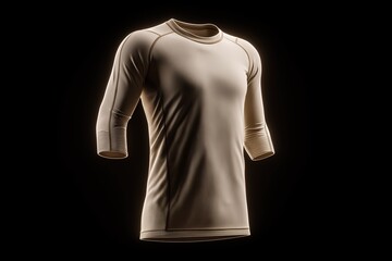 Beige athletic long sleeve compression shirt with ribbed cuffs, displayed on black background. Performance sportswear