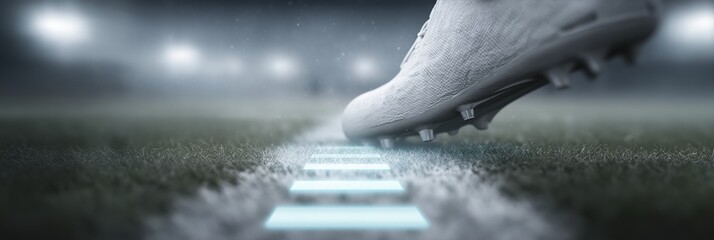 Soccer player's foot in cleat, stepping on illuminated white line on grass field. Night game scene with blurry stadium light and fog in background. Concept of sport and beginning