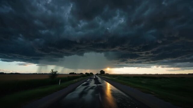 cinematic 4K ground-level view of a lonely road cutting expansive farm fields, under a massive cumulonimbus storm, dark churning clouds, heavy rainfall visible streaks, wind bending crops, puddles