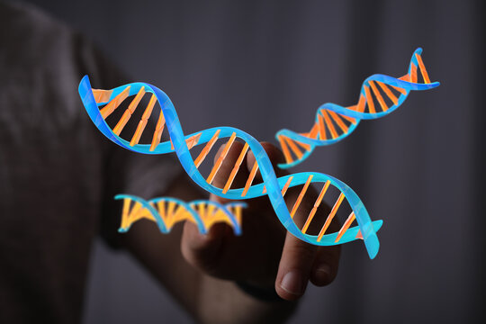 Abstract image of DNA model being held by a finger, representing genetics and scientific innovation, with focu