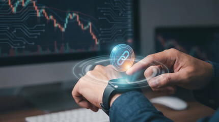 AI investment loss concept with smartwatch technology and digital link icon on wrist with stock market chart in background