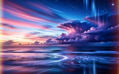 Vibrant sunset over ocean, surreal clouds, neon hues, digital glitch effects on beach.