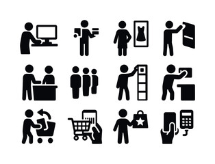 Shopping Icon Set. Shopping behavior. Solid icon set of shopping behavior: browsing icon, compare product, try-on icon, ask staff icon, queue icon, pick item,