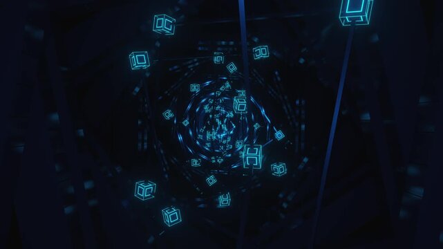 Abstract geometric VJ corridor background with intense glow and neon light accents