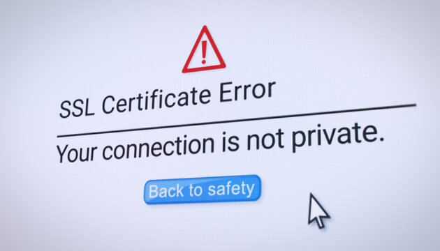 Illustration of SSL certificate error on a website in an internet browser.