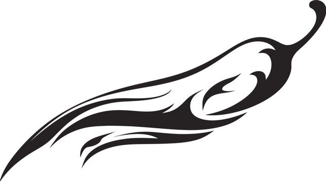 Stylized black graphic of a curved shape, resembling a chili pepper, on a white background