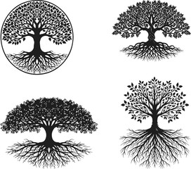 Symbolic Tree of Life Silhouettes with Intricate Roots and Branches