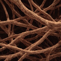 An intricate brown tangle of twigs and roots forms a chaotic organic weave with high micro-contrast and extreme tactile detail as an earthy abstract background
