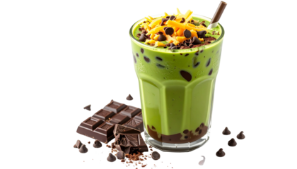 Iced Chocolate Matcha Smoothie with Cheese and Chocolate Chip Toppings isolated on solid white background2
