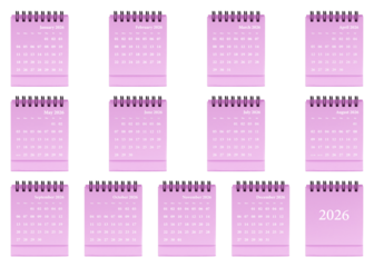 Pink desktop calendar template featuring clean grid layout, spiral-bound planner mockup with monthly pages for 2026 organization
