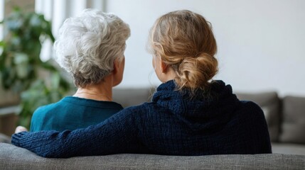 Elderly couple sitting on a couch, facing each other. the woman is on the left side of the image, with her back towards the camera. she has short white hair and is wearing a blue sweater.