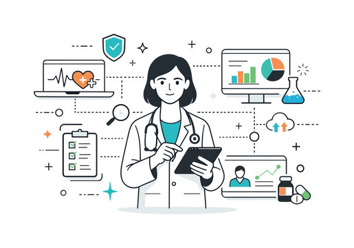 Data-Driven Healthcare Clarity. Data-driven healthcare decisions. Medical professional combining insights from multiple data sources, calm confidence and
