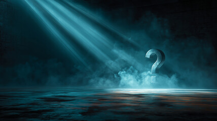 Mysterious question illuminated in dark cinematic atmosphere