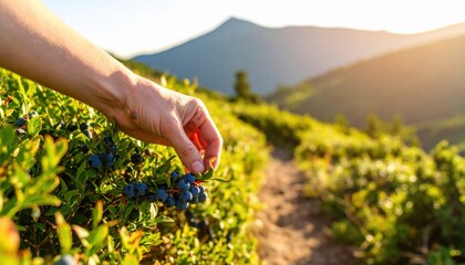 Hand Harvesting Wild Blueberries On A Sunlit Mountain Trail During Golden Hour With Lush Greenery And Distant Peaks