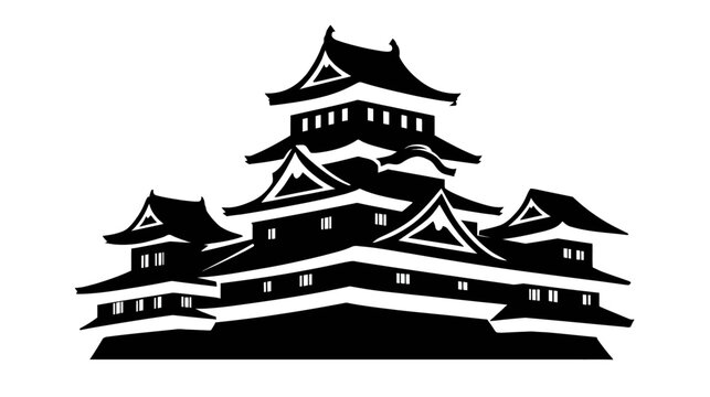A silhouette of a Japanese castle with multiple tiers, roofs, and windows