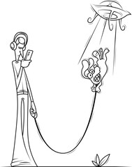 The abduction of a UFO dog from an owner who was addicted to a smartphone. A man walks his dog. Hand drawn line art. Humor caricature.