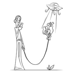 The abduction of a UFO dog from an owner who was addicted to a smartphone. A man walks his dog. Hand drawn line art. Humor caricature.