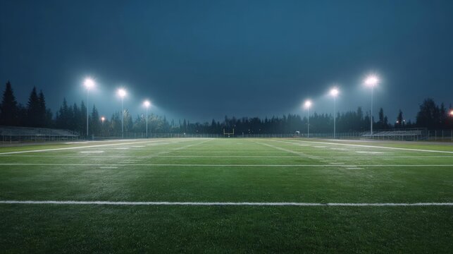 Football field at night. the field is covered in artificial turf and is lit up with floodlights. the sky is dark and the field is surrounded by trees.