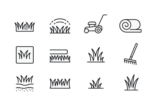 Lawn Care Icons. Lawns and turf. Line icon set of Lawns and turf: trimmed grass, sprinkler arc, lawn mower icon, grass roll, turf square, edging line, yard