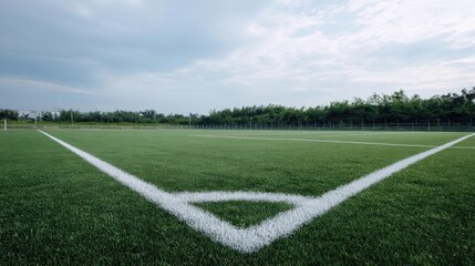 Obraz premium Soccer field with a green artificial turf surface. the field is surrounded by a fence and there are trees in the background. the sky is cloudy and the overall mood of the image is gloomy.