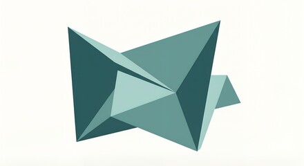 Abstract low poly geometric teal sculpture isolated on white background featuring sharp 3D polygonal shapes and crystalline structure for modern architectural design or futuristic technology