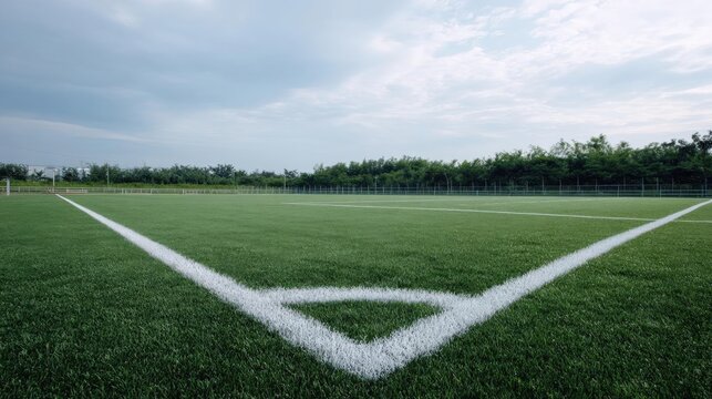 Soccer field with a green artificial turf surface. the field is surrounded by a fence and there are trees in the background. the sky is cloudy and the overall mood of the image is gloomy.