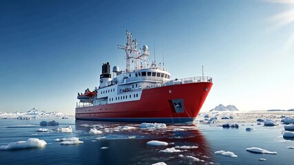Large, modern icebreaker vessel cutting through the Arctic ice, showcasing advanced engineering and formidable power in a remote, icy landscape.