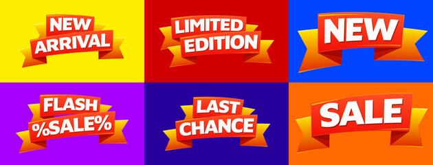 Set of six colorful 3D retail promotional ribbon banners