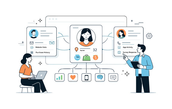 Customer Data Dashboard. Customer data platform overview. Marketers viewing unified customer profiles on a central dashboard. Clarity and integration, profile