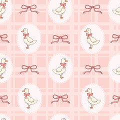 Pink seamless pattern with doodles of ducklings and bows on checkered background for textile prints, nursery wallpapers, scrapbooking, wrapping papers, kids apparel, etc. EPS 10