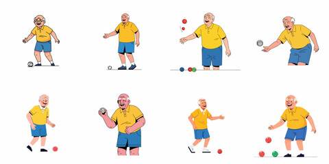 Fototapeta premium Happy Senior Man Playing Bocce Game: A Set of Illustrations Depicting Active Retirement, Sport, and Joyful Outdoor Activity.