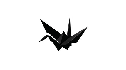 A black origami crane illustration. It has sharp angles and a geometric, modern aesthetic. Against white