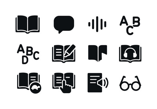 Reading Support Icons. Reading support. Solid icon set of reading support: open book, speech bubble, sound wave, phonics icon, letter confusion, highlighted