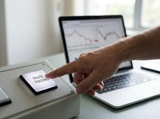 Pause trading button pressed by hand near laptop with stock market loss chart showing ai investment risk