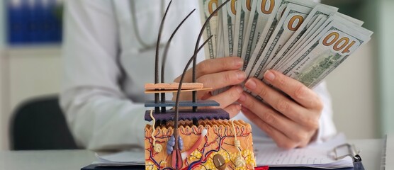 Doctor cosmetologist anatomy skin and cash cost of cosmetic services. Prices for beauty salon...