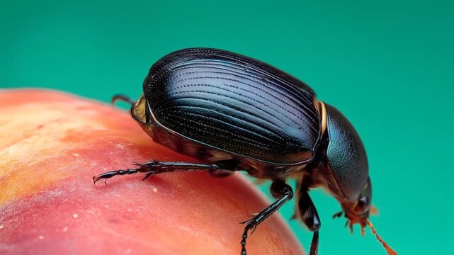 Close up of a shiny black beetle on a peach against a green backdrop