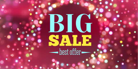 Horizontal winter sale banner with colorful bokeh lights creating a festive glowing atmosphere. Bright modern design perfect for online advertising, website headers, social media promotions and sales