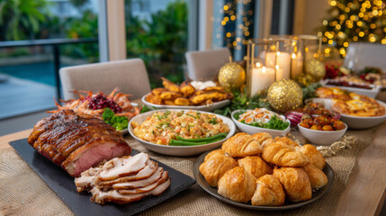 Fototapeta premium A table full of food with a Christmas tree in the background