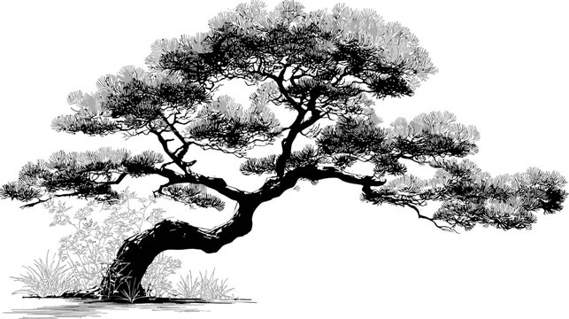 A stylized illustration of a bonsai tree in black and gray, with a curved trunk and leafy branches